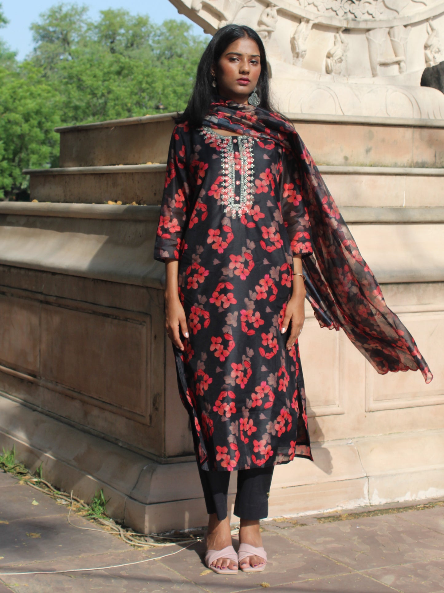 Black Floral Printed & Embroidered Straight Fit 3 pc Kurta Set