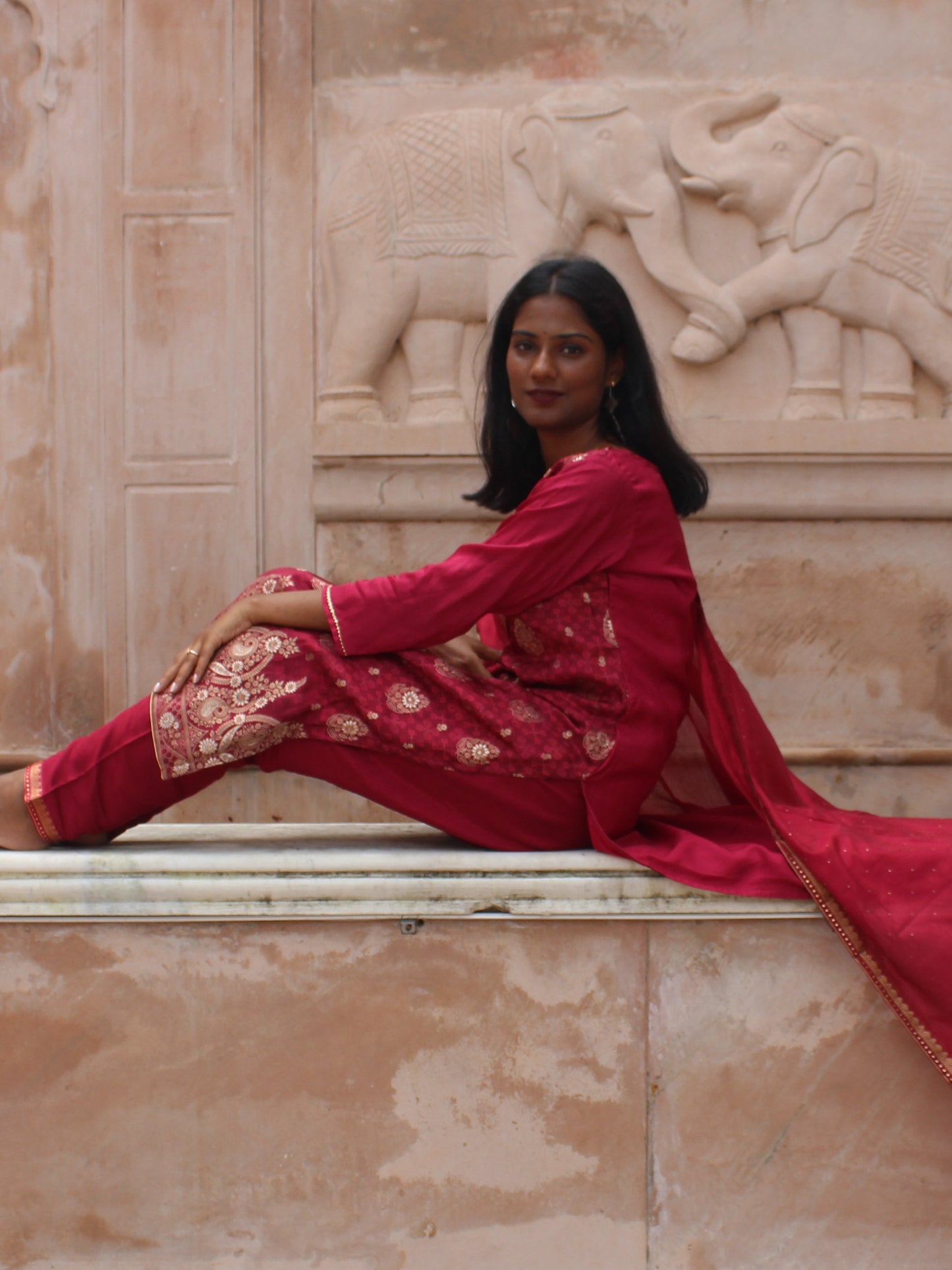 Festive Maroon Brocade Straight fit 3 Pc Kurta Set