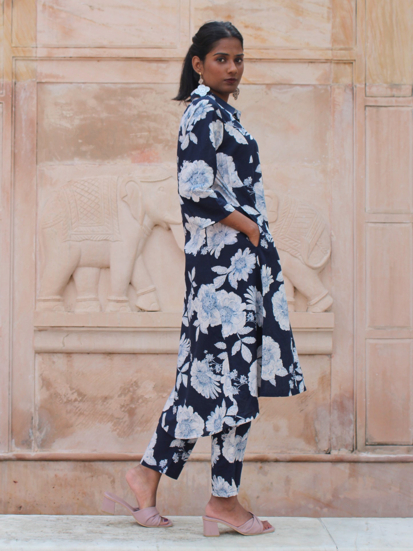 Dark Blue Floral Printed Shirt Collar Co-ord Set