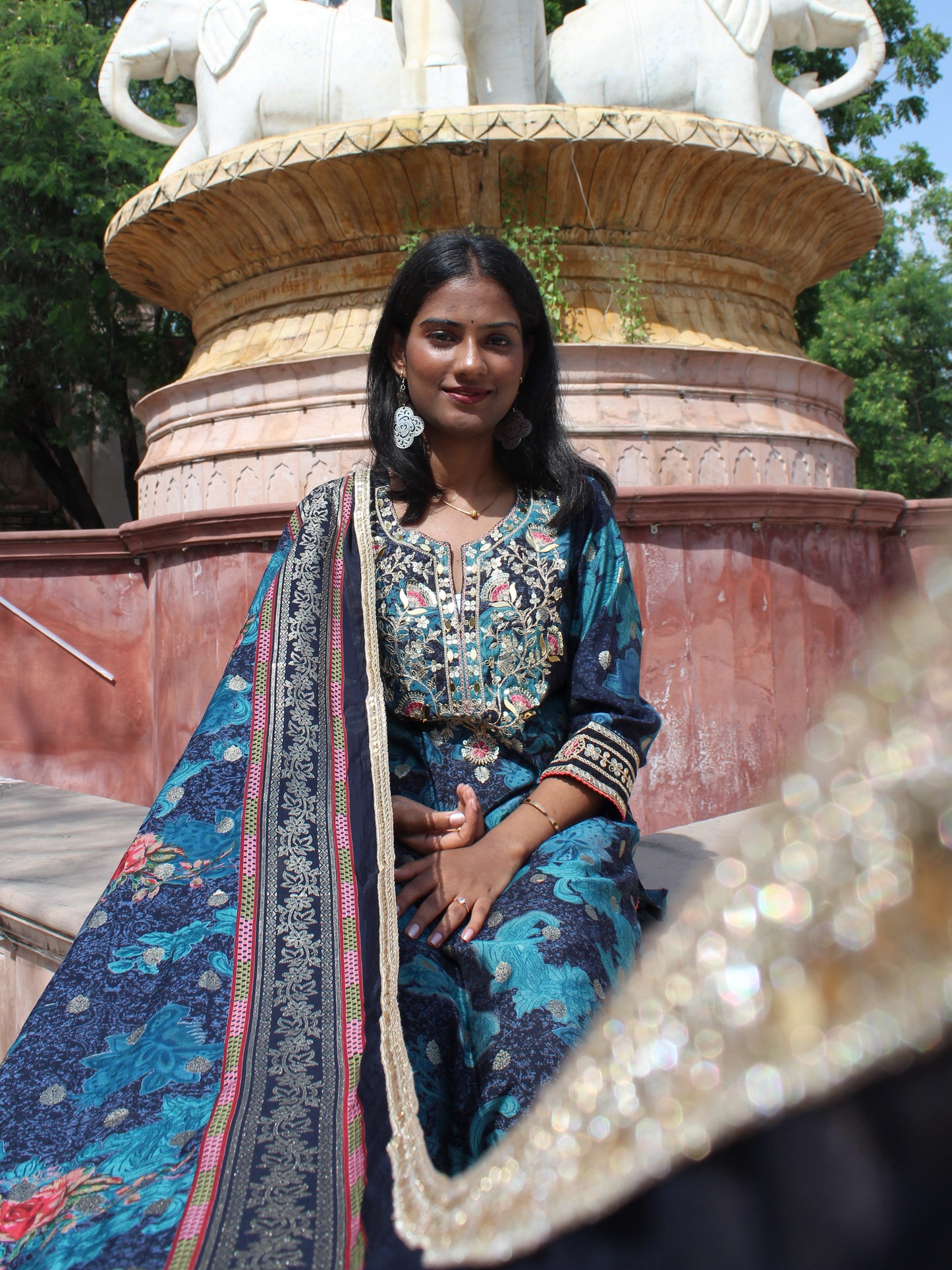 Festive Teal Brocade Embroidered Straight Fit 3 Pc Kurta Set